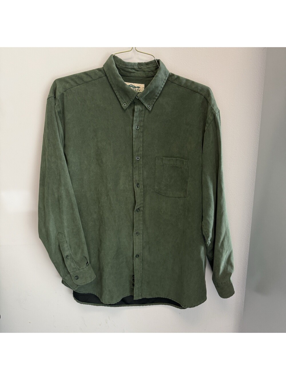 Vintage Mountain Lake Velvet Green Long Sleeve Button Up Men’s Large Utility